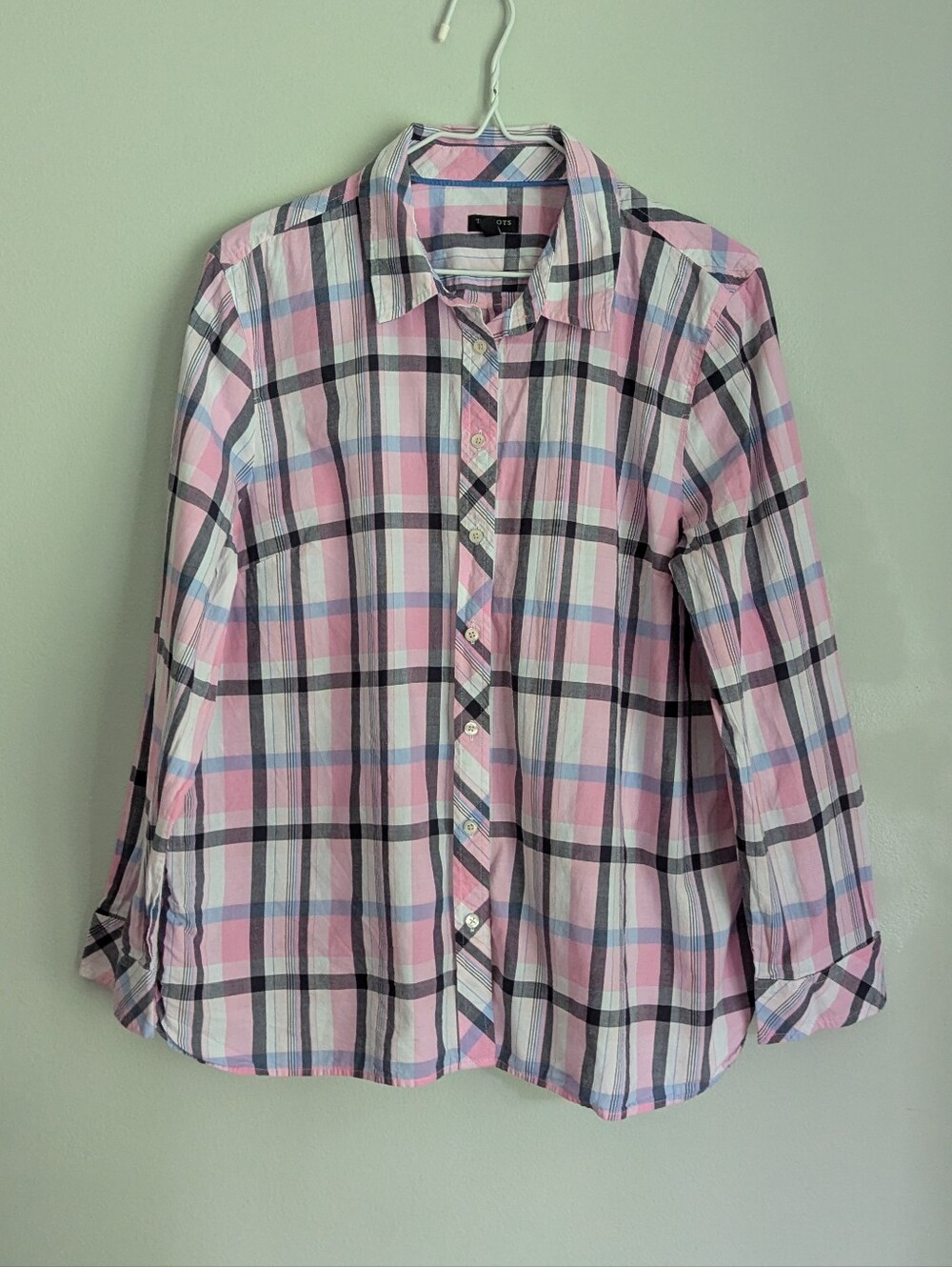 Talbots Women's XL Petite Classic Cotton Shirt Pastel Plaid PinkBlack Button Up